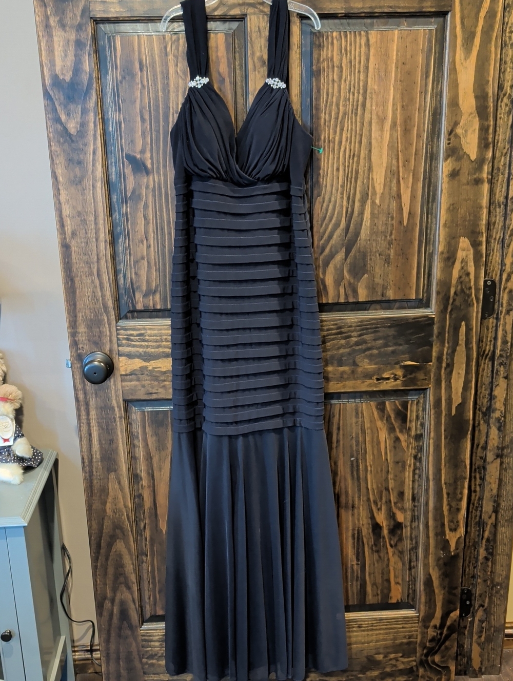 Black Pleated Maxi Evening Dress with Rhinestone Detail